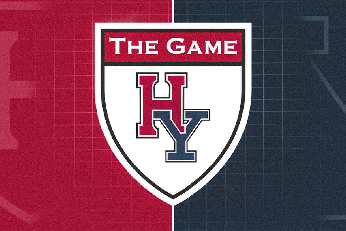 A shield with "The Game" at the top and interlocking "H" and "Y" letters. Background split into red and dark blue.