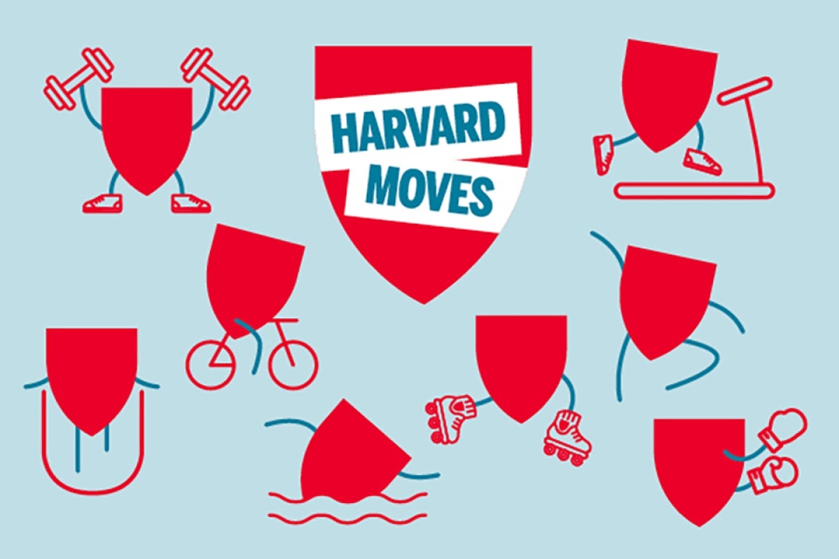 Harvard Moves logo with Harvard Moves shields doing different activities
